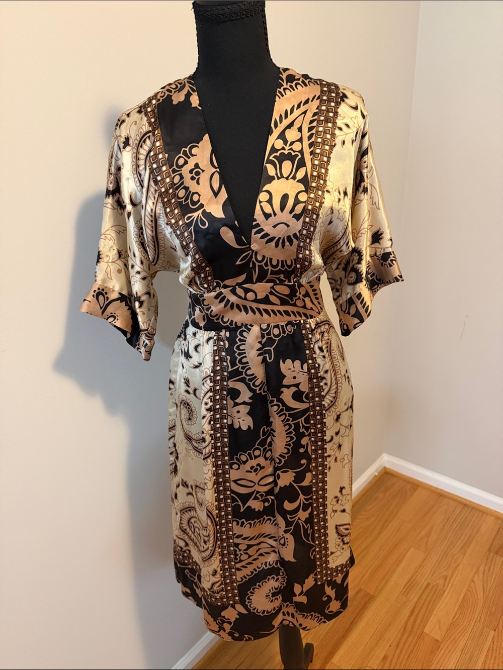100% Silk Floral Paisley Wrap Dress look in Black & Champagne